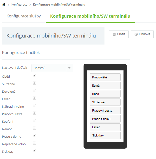 Obr. 5: Konfigurace tlačítek v mobilním/SW terminálu